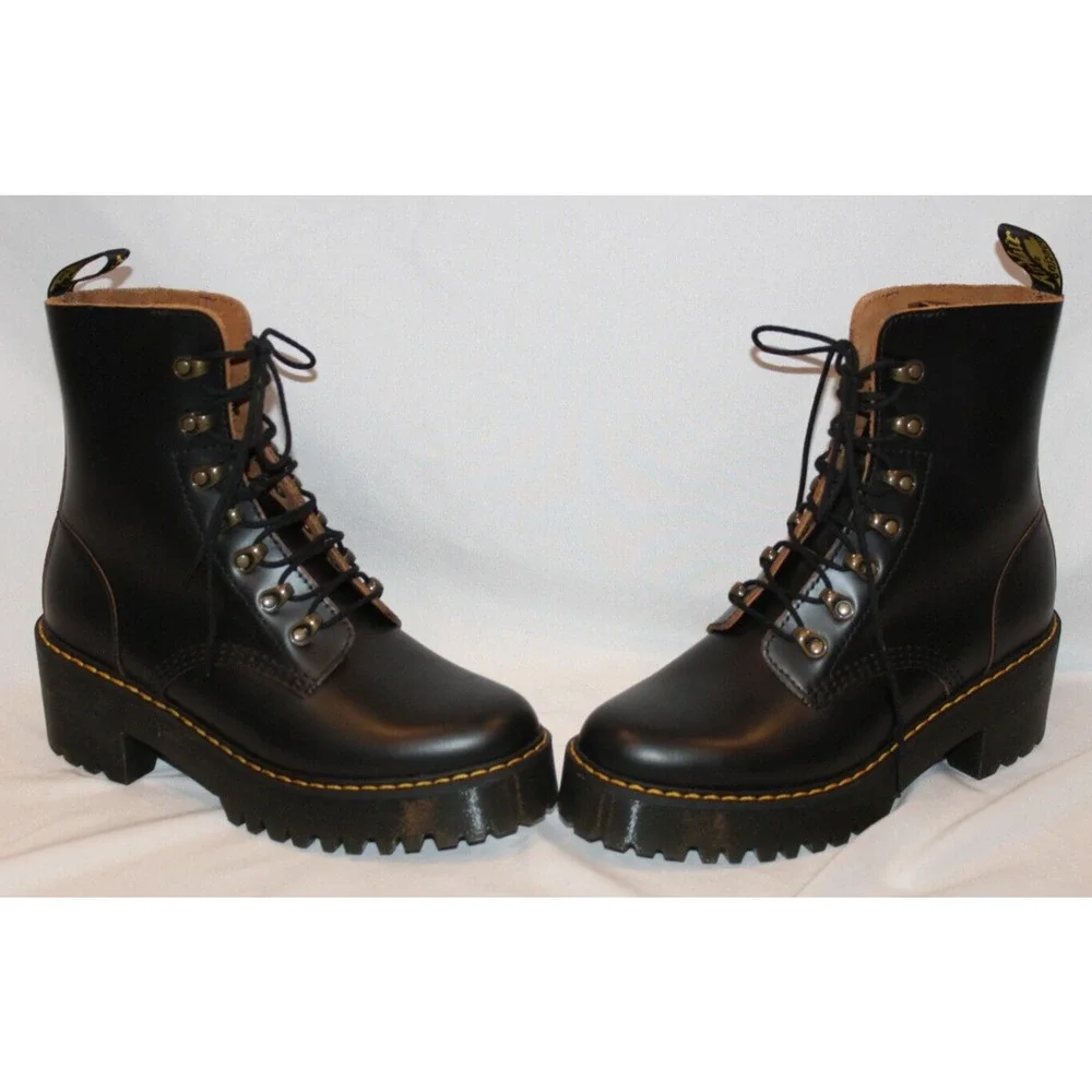 Dr. Martens Leona Women's Leather Platform Boots Black US 9 NEW